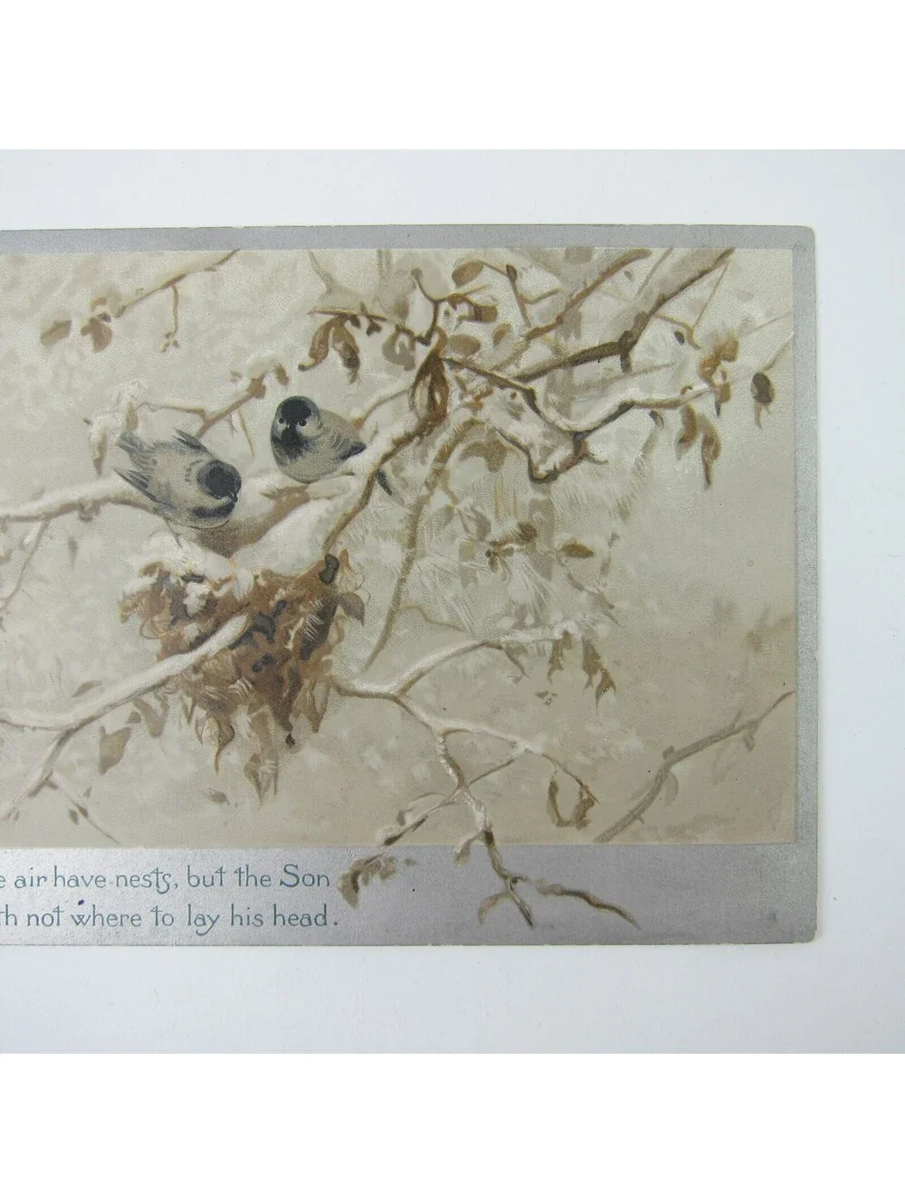 Victorian Greeting Card Birds in Tree Religious Silver Border Antique 1884